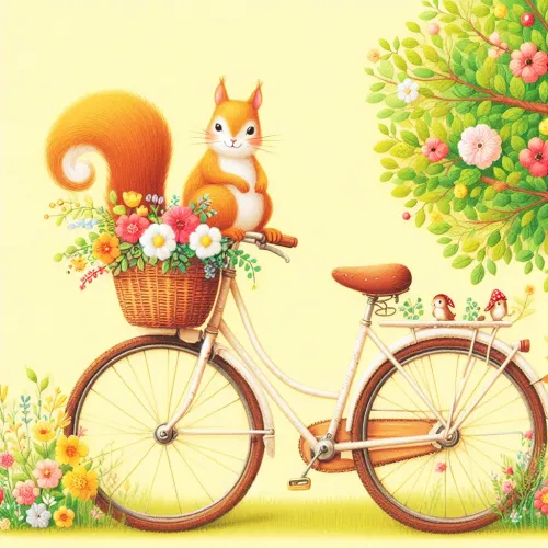 light yellow background with a tree a rabbit riding a bicycle and a flower bouquet